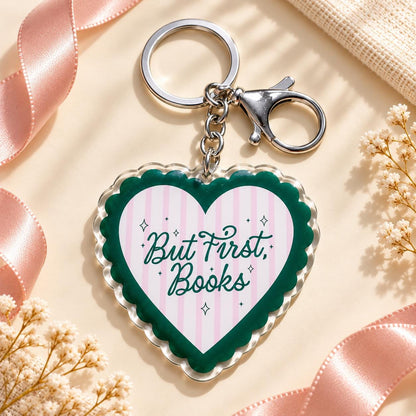 But First Books acrylic keychain, bookish bag charm
