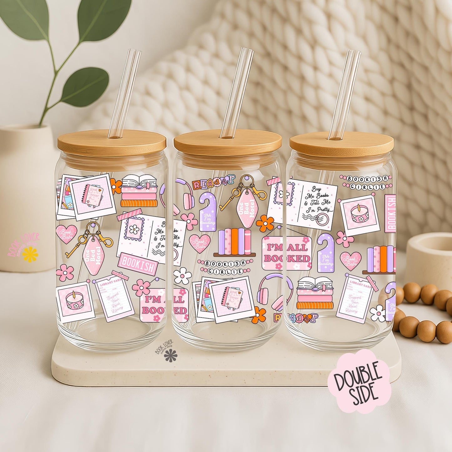 Mood Board 16 OZ Glass Can With Lid and Straw / Bookish Girlie Mug / Book Lover Gift / Bookish Merch Stickers / UV Dtf Libbey Wrap Transfert