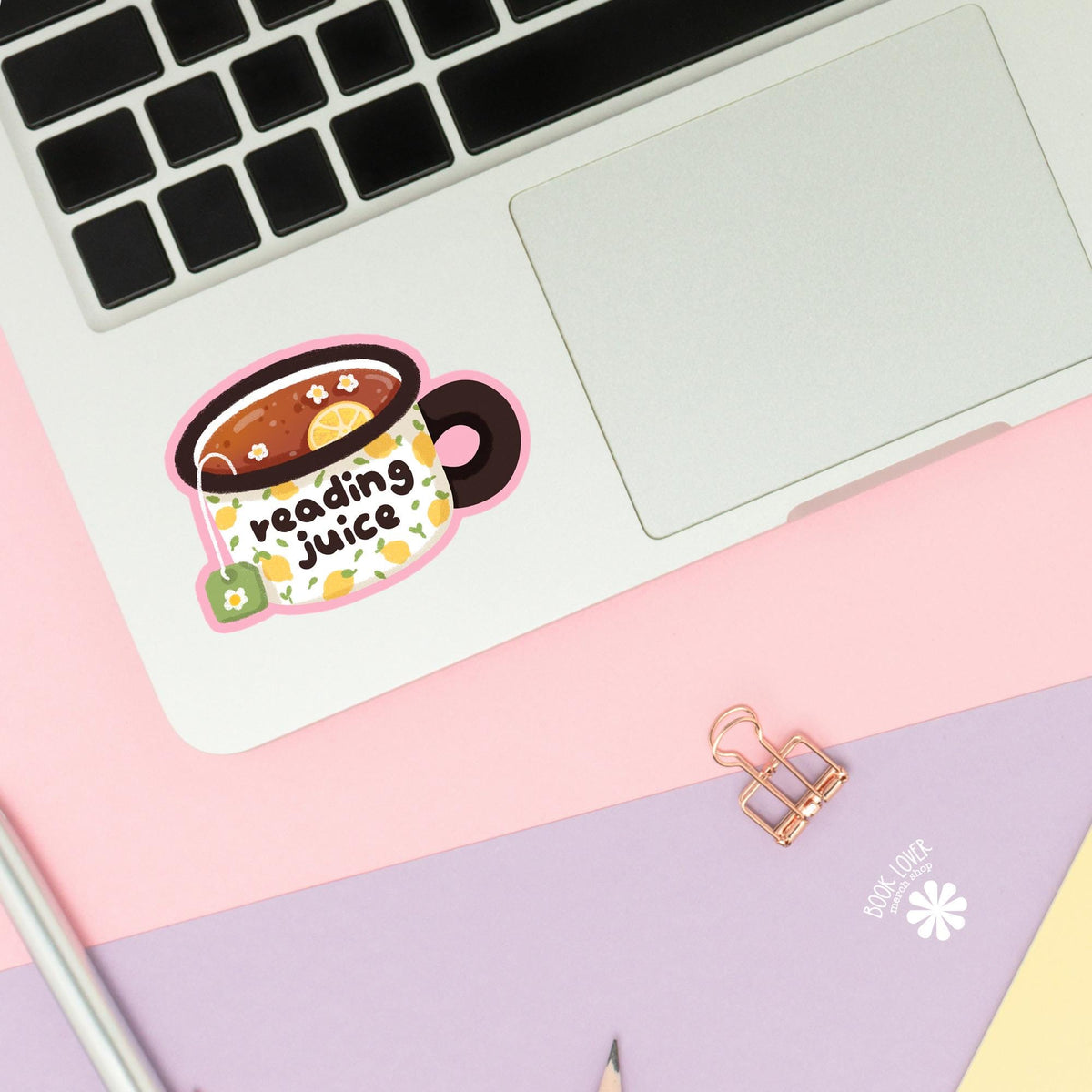 Lemon Teacup sticker close up, matte finish, book lover vinyl decal