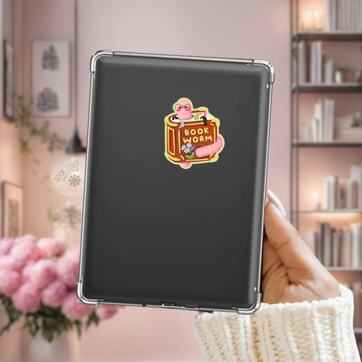 Bookworm Kindle sticker on desk, bookish decal