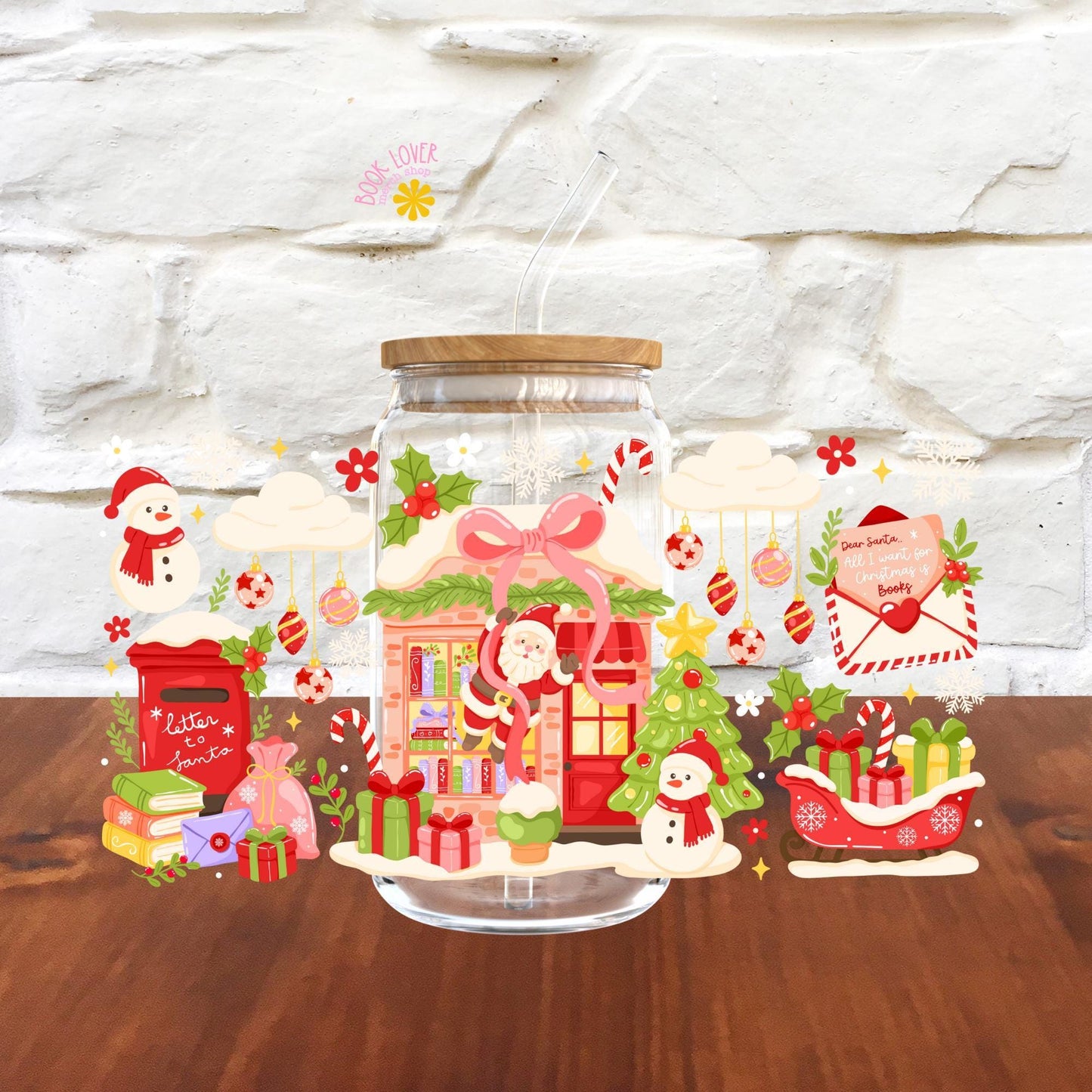 Christmas Bookstore 16oz Glass Can With Lid and Straw / Bookish Mug / Book Lover Gift / Bookish Stickers / UV Dtf Libbey Wrap Transfert
