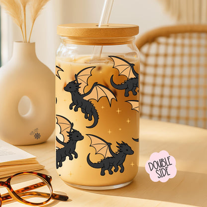Black Dragons 16 OZ Glass Can With Lid and Straw / Bookish Mug / Fantasy Book Lover Gift / Bookish Merch / UV Dtf Libbey Wrap Transfert