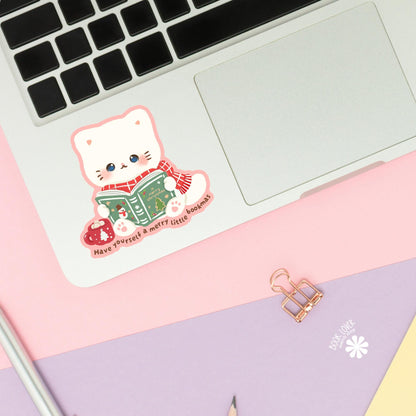 Snowman Winter Kitten sticker close up, matte finish, book lover vinyl decal