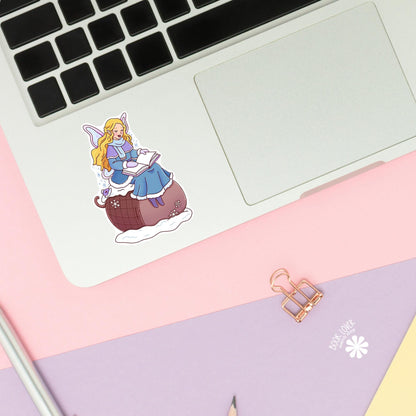 Winter Fairy sticker close up, matte finish, book lover vinyl decal