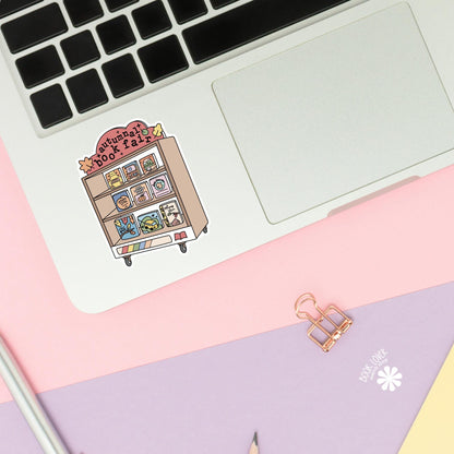 Autumn Library Cart sticker close up, matte finish, book lover vinyl decal
