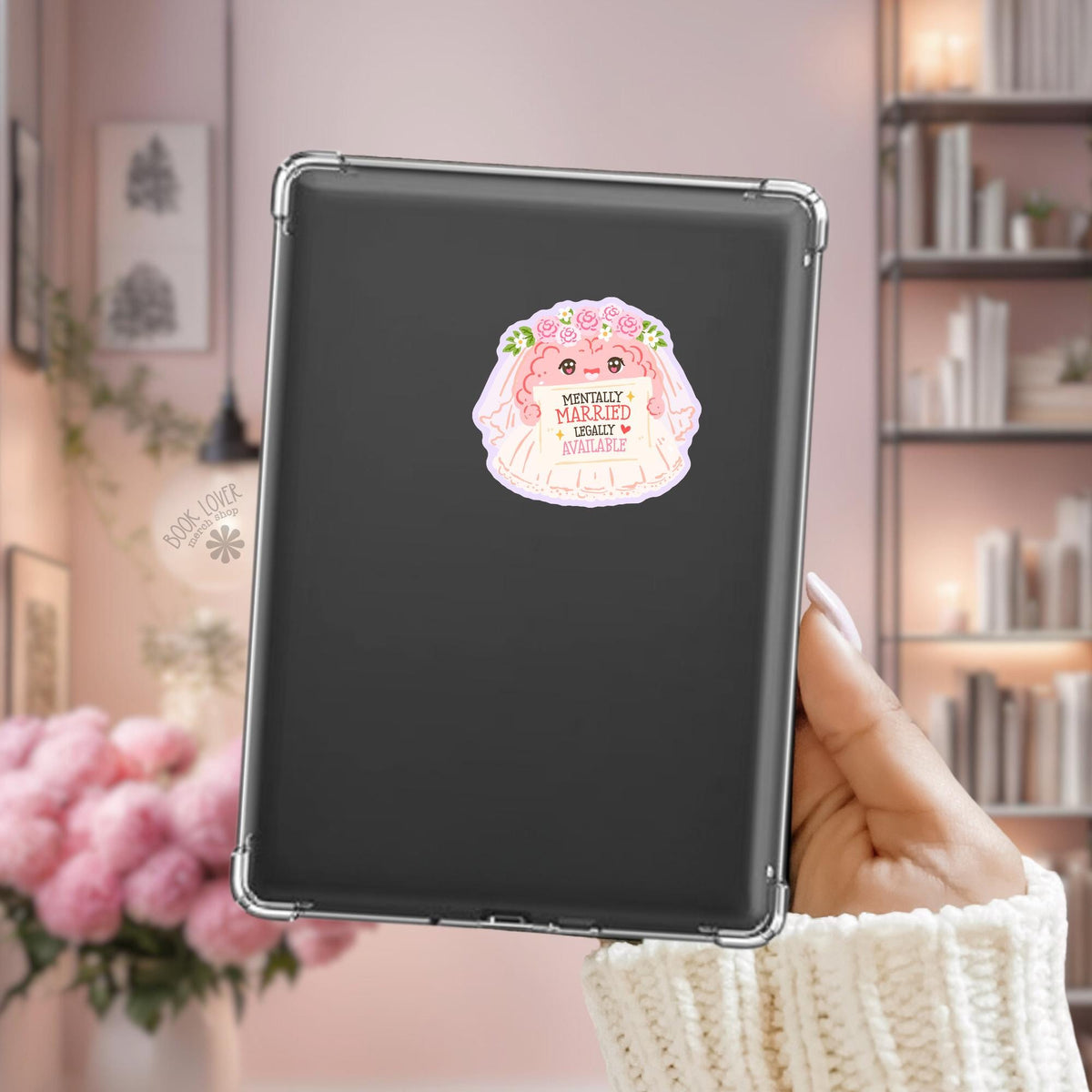 Mentally Married Legally Available Kindle sticker on desk, bookish decal