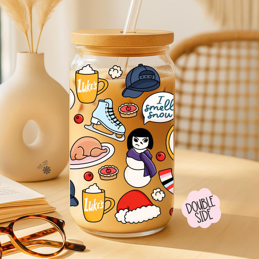 Gilmore Girls Christmas 16 OZ Glass Can With Lid and Straw / Mug / Book Lover Gift / Bookish Merch Stickers / UV Dtf Libbey Wrap Transfert