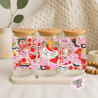 Smutty Book Club 16 OZ Glass Can With Lid and Straw / Book Lover Gift / Bookish Merch Stickers / UV Dtf Libbey Wrap Transfert / Smut Reader