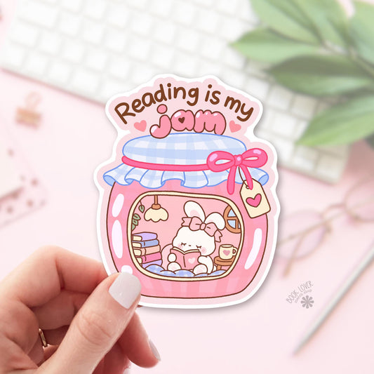 Bunny Jam Jar bookish sticker, vinyl die cut, cottagecore reader gift