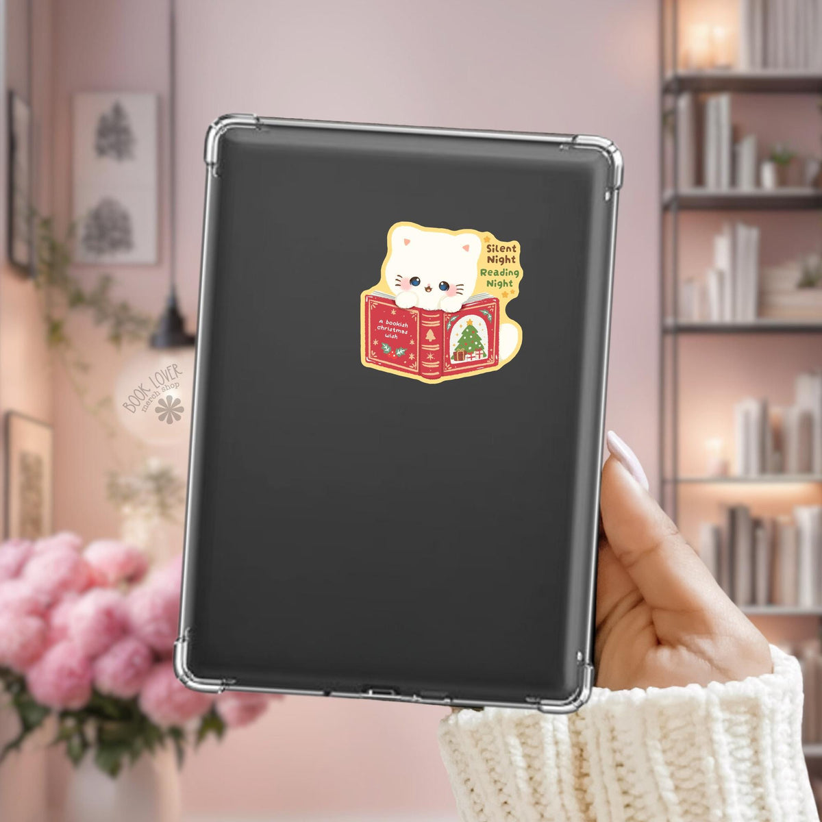 White Kitten Christmas Tree Kindle sticker on desk, bookish decal