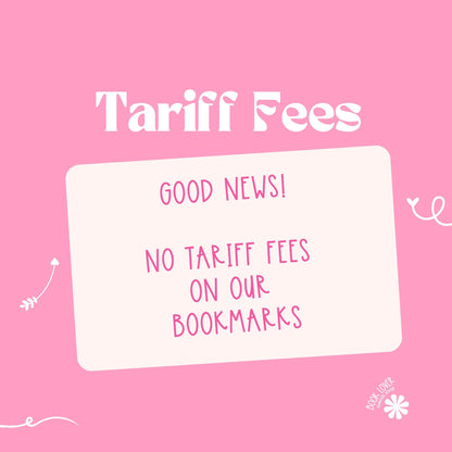Pink background with text about no tariff fees on bookmarks
