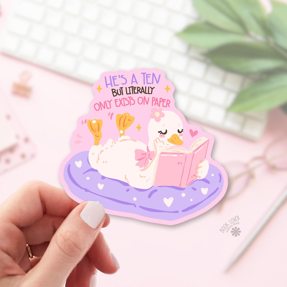Pink Bow Duck bookish sticker, vinyl die cut, Book Boyfriend Reader gift