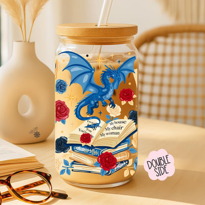 Blue Dragon Fantasy Reader 16 OZ Glass Can With Lid and Straw / Bookish Mug / Book Lover Gift / Bookish Merch / UV Dtf Libbey Wrap Transfert