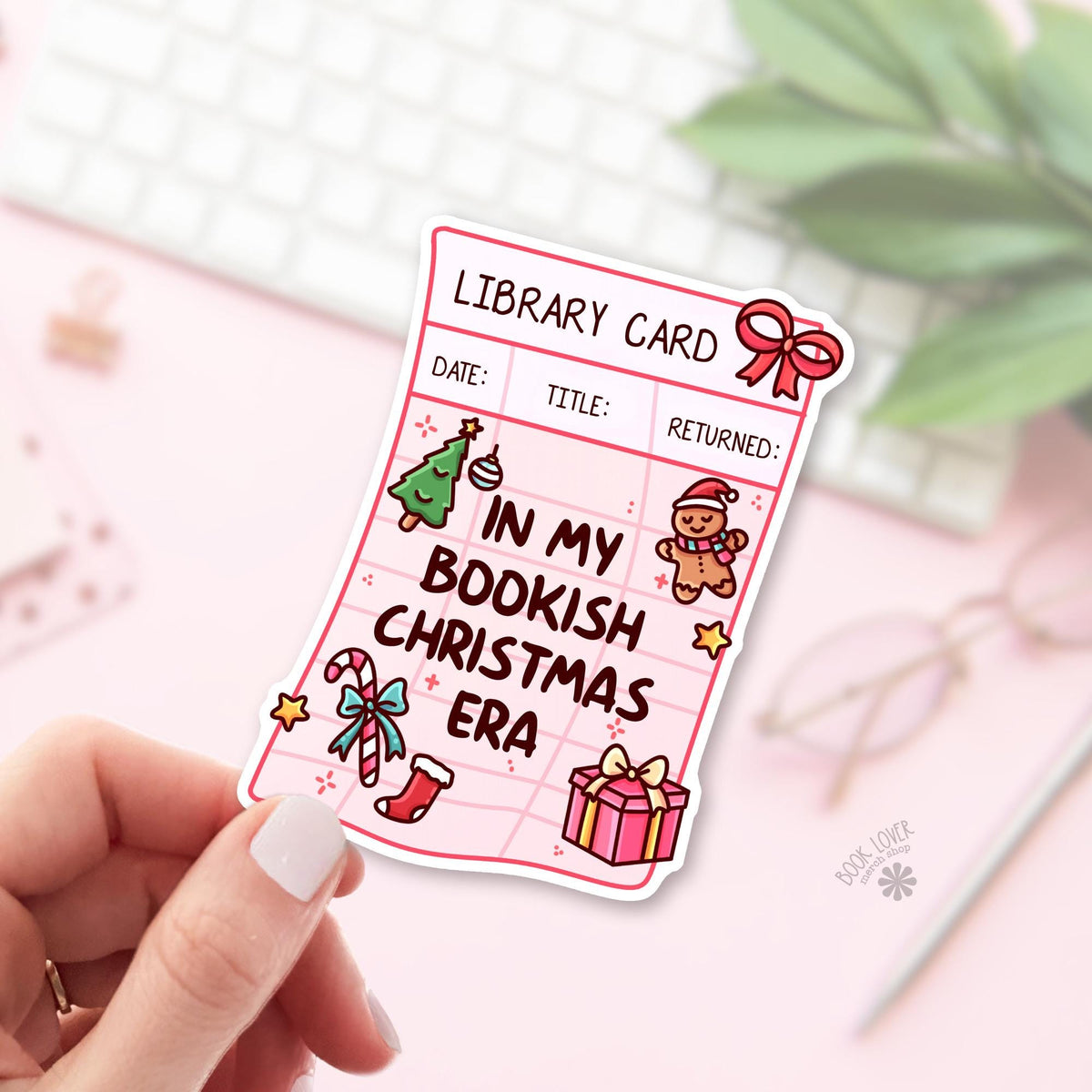 Christmas library card bookish sticker, vinyl die cut, readers who check out books in December gift