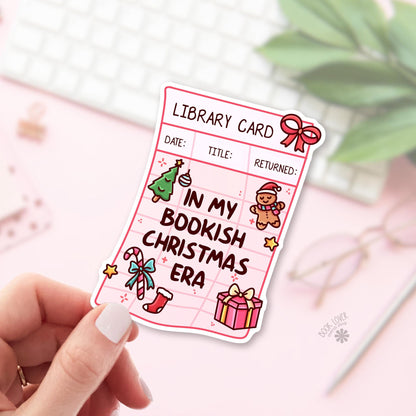 Christmas library card bookish sticker, vinyl die cut, readers who check out books in December gift