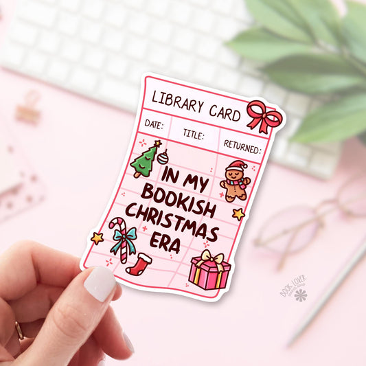 Christmas library card bookish sticker, vinyl die cut, readers who check out books in December gift
