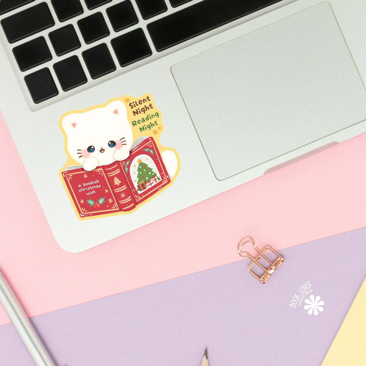 White Kitten Christmas Tree sticker close up, matte finish, book lover vinyl decal