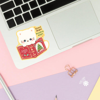 White Kitten Christmas Tree sticker close up, matte finish, book lover vinyl decal