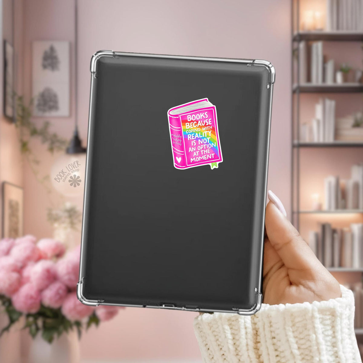 Hot Pink Rainbow Book Quote Kindle sticker, bookish decal for readers