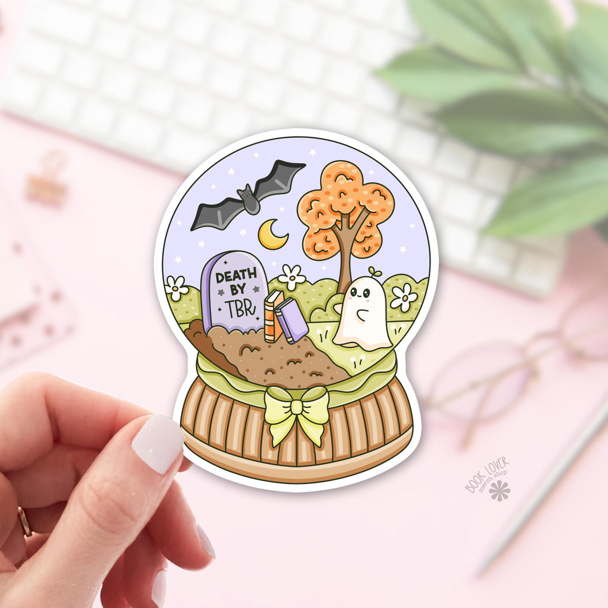 Death by TBR snow globe bookish sticker, vinyl die cut, readers losing to their own pile gift