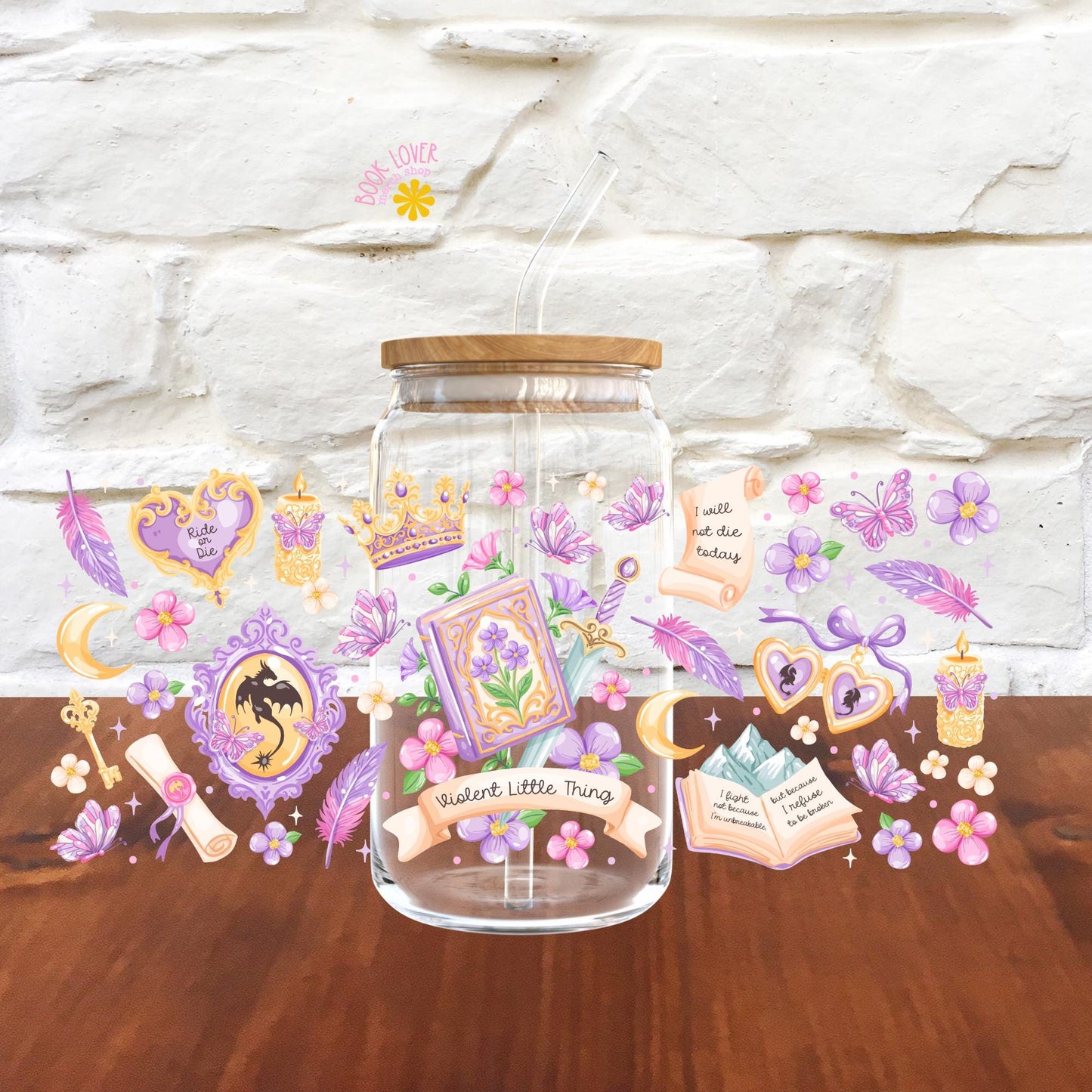 Violent Little Thing 16 OZ Glass Can With Lid and Straw / Fantasy Bookish Mug / Book Lover Gift / UV Dtf Libbey Wrap Transfert