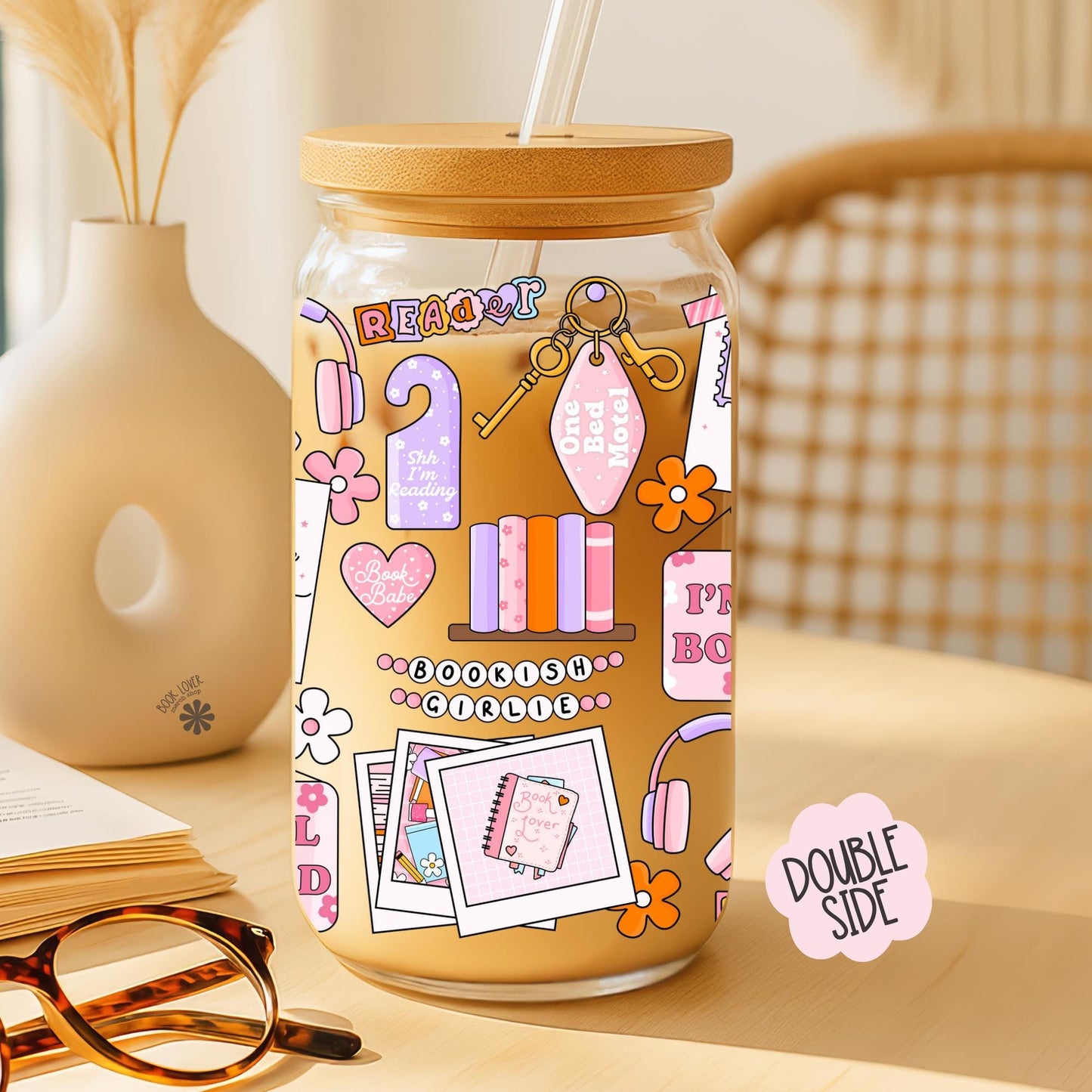 Mood Board 16 OZ Glass Can With Lid and Straw / Bookish Girlie Mug / Book Lover Gift / Bookish Merch Stickers / UV Dtf Libbey Wrap Transfert