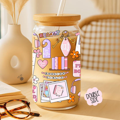 Mood Board 16 OZ Glass Can With Lid and Straw / Bookish Girlie Mug / Book Lover Gift / Bookish Merch Stickers / UV Dtf Libbey Wrap Transfert