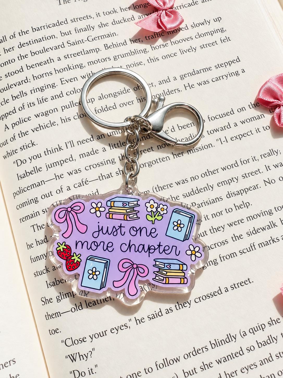 Just One More Chapter acrylic keychain, bookish bag charm, view 2