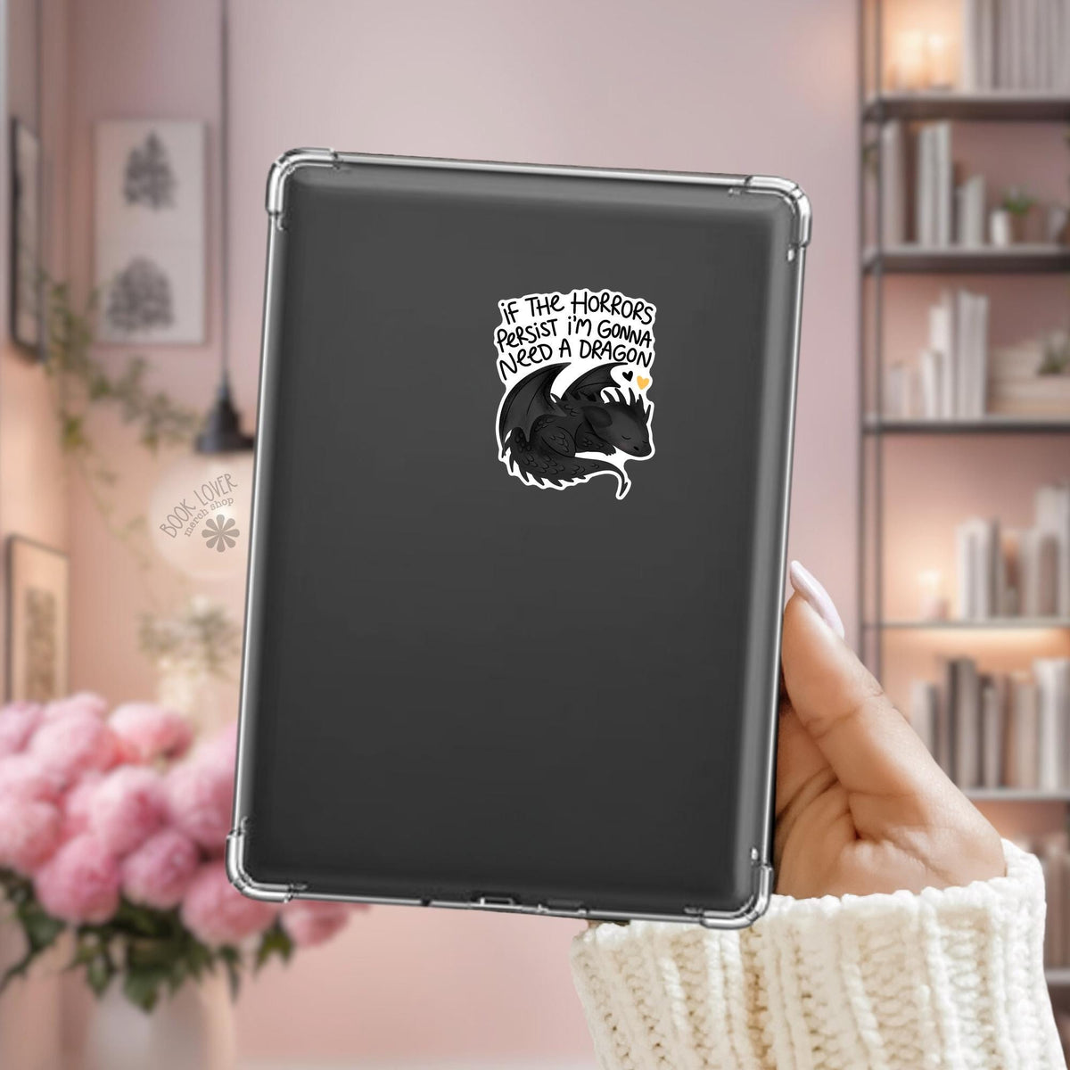 Dragon Kindle sticker on desk, bookish decal