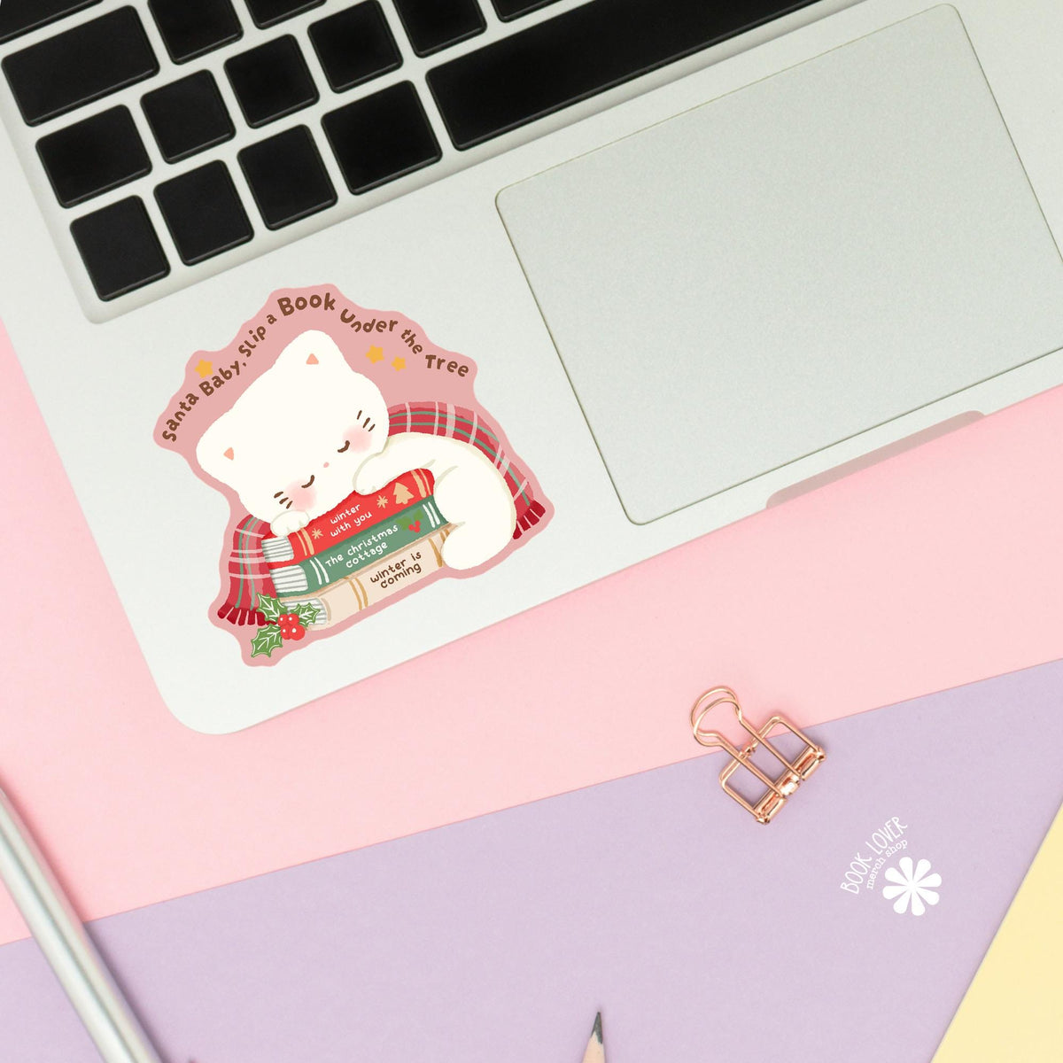 Sleepy Kitten Christmas sticker close up, matte finish, book lover vinyl decal