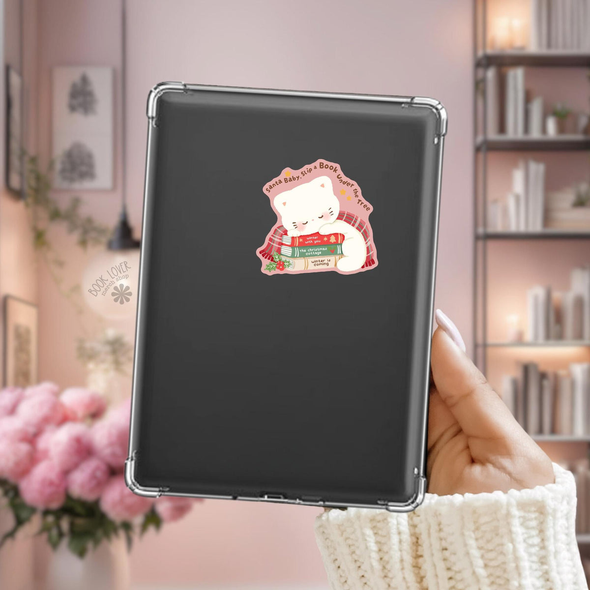 Sleepy Kitten Christmas Kindle sticker on desk, bookish decal