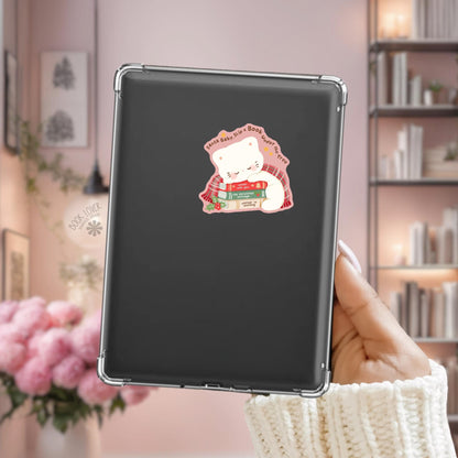 Sleepy Kitten Christmas Kindle sticker on desk, bookish decal