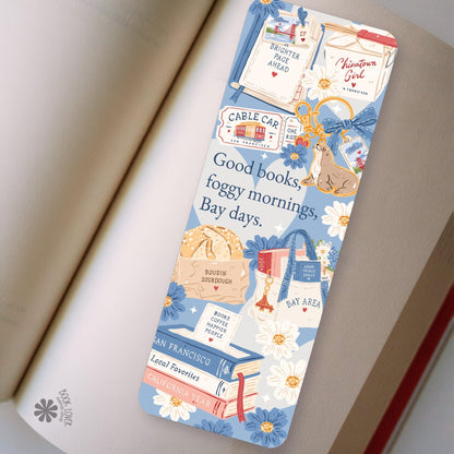 Bay Area Foggy Morning bookmark in an open book, cozy reading