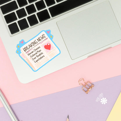 Breaking News sticker close up, matte finish, book lover vinyl decal