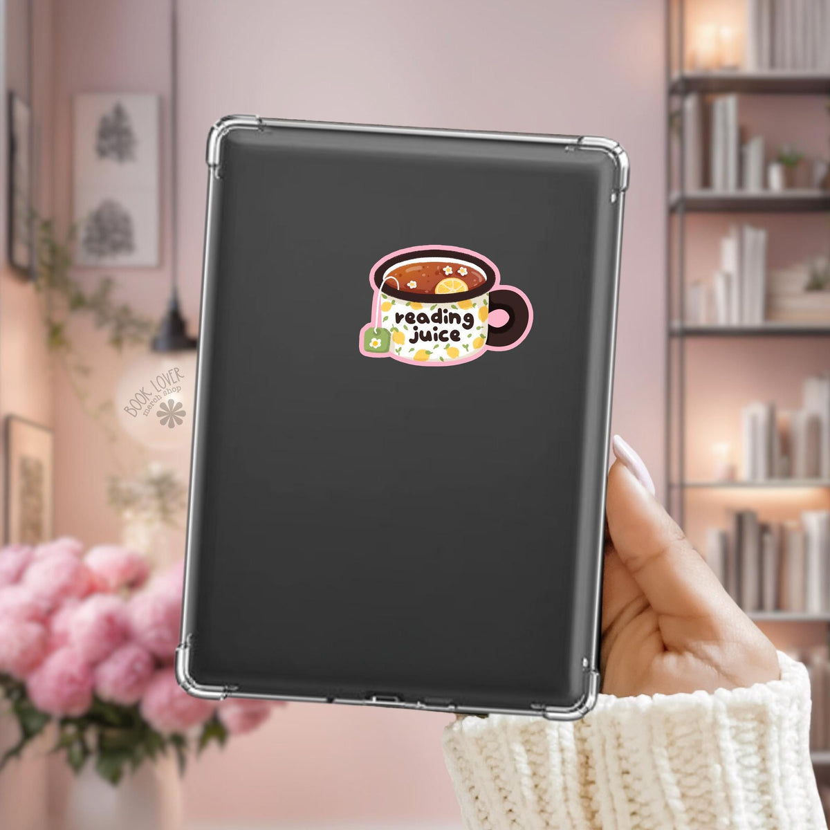 Lemon Teacup Kindle sticker on desk, bookish decal