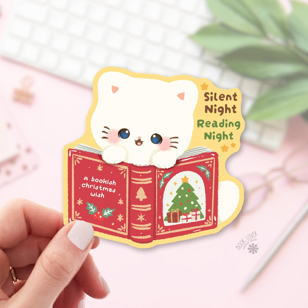 White Kitten Christmas Tree bookish sticker, vinyl die cut, cat lover reader gift
