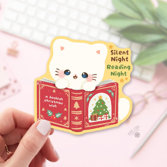 White Kitten Christmas Tree bookish sticker, vinyl die cut, cat lover reader gift