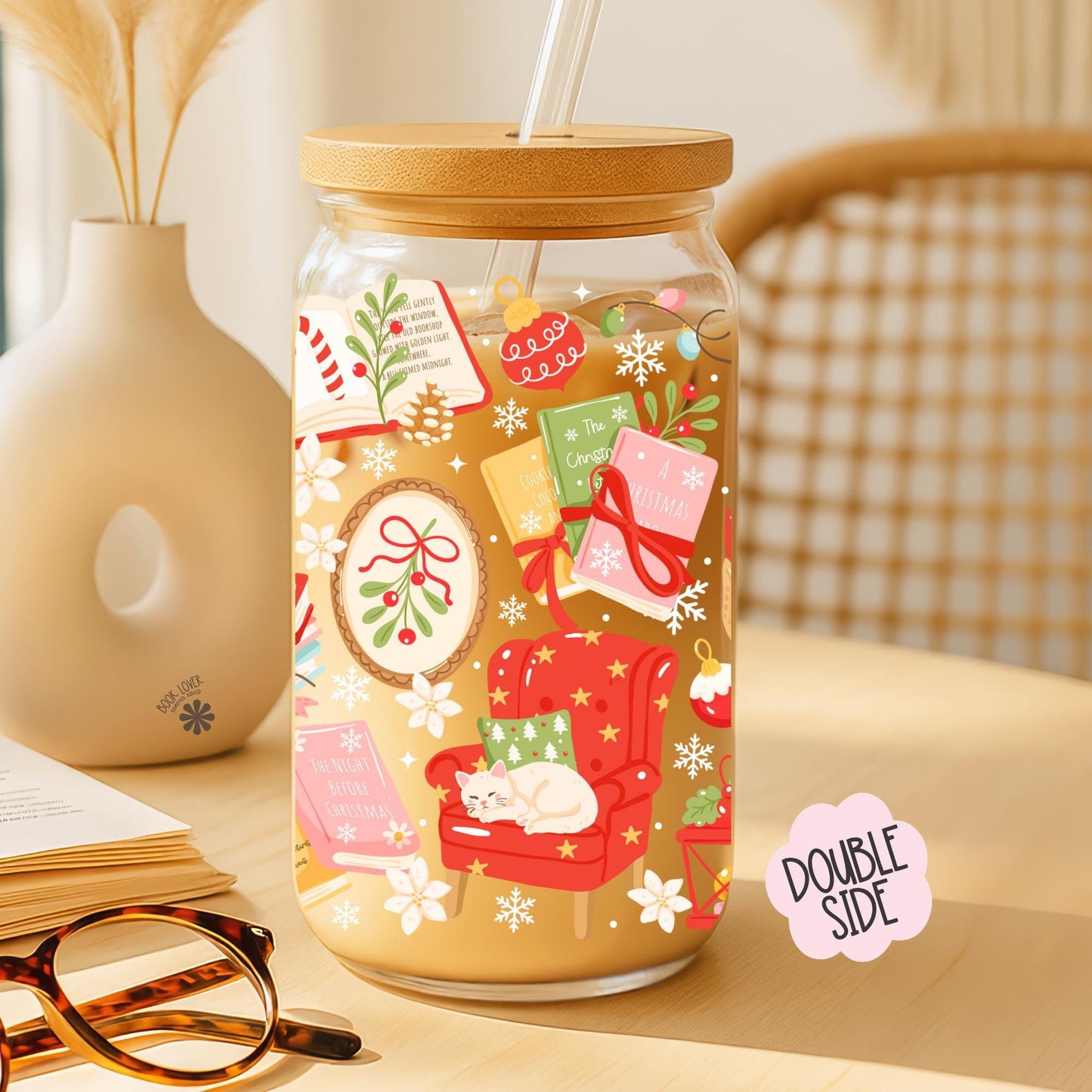 Bookish Christmas 16 OZ Glass Can With Lid and Straw / Bookish Mug / Book Lover Gift / Bookish Merch Stickers / UV Dtf Libbey Wrap Transfert