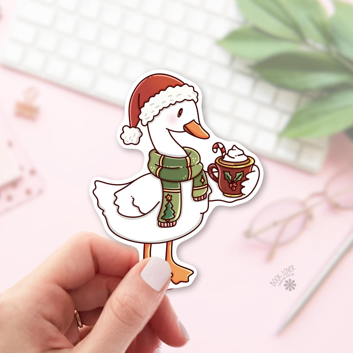 Christmas Goose Cocoa bookish sticker, vinyl die cut, goose lover reader gift