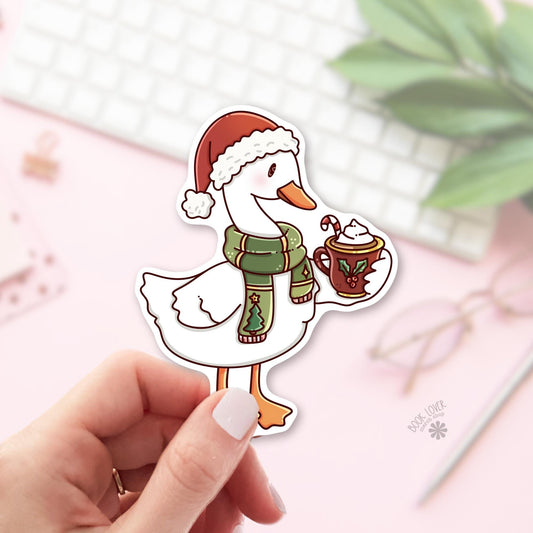 Christmas Goose Cocoa bookish sticker, vinyl die cut, goose lover reader gift