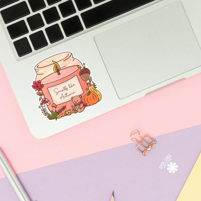 Autumn candle bear sticker close up, matte finish, book lover vinyl decal