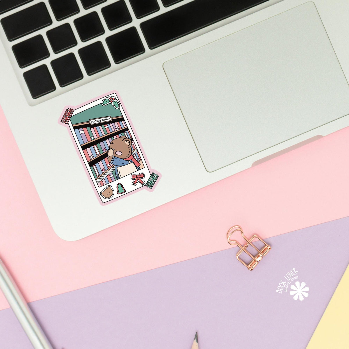 Holiday Library Bear sticker close up, matte finish, book lover vinyl decal