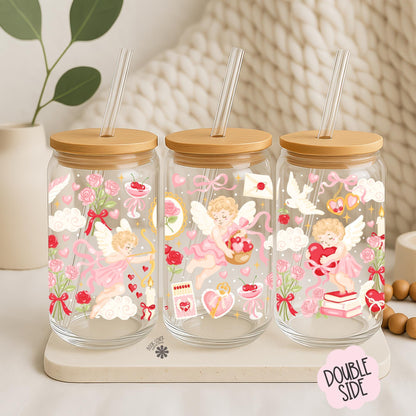 Bookish Cupids 16 OZ Glass Can With Lid and Straw / Valentine Bookish Merch Stickers / Book Lover Gift / UV Dtf Libbey Wrap Transfert