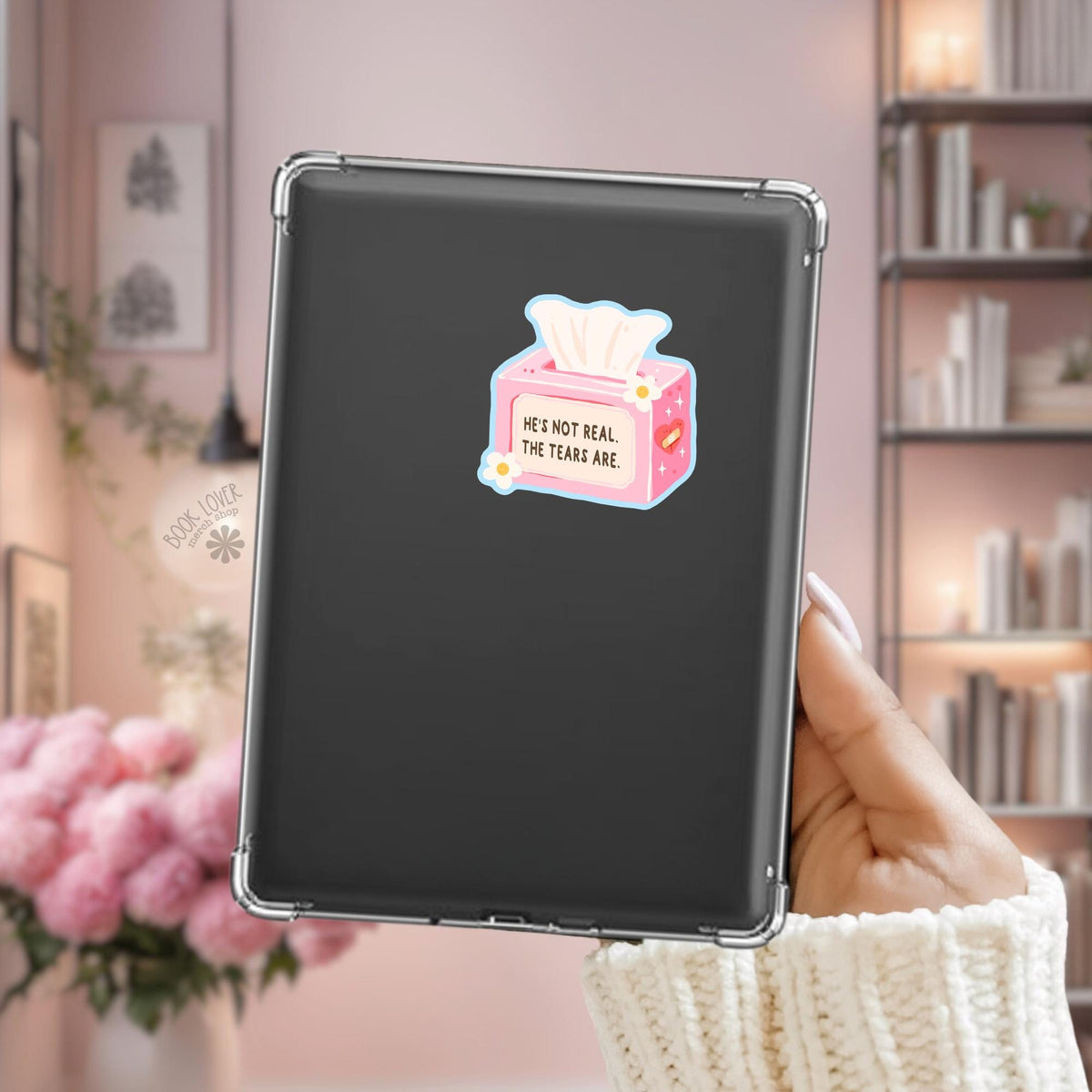 Ugly Cry Tissue Box Kindle sticker on desk, bookish decal