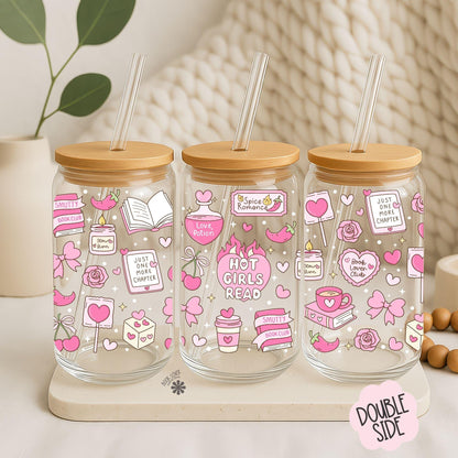 Hot Girls Read 16 OZ Glass Can With Lid and Straw / Bookish Mug / Book Lover Gift / Bookish Merch Stickers / UV Dtf Libbey Wrap Transfert