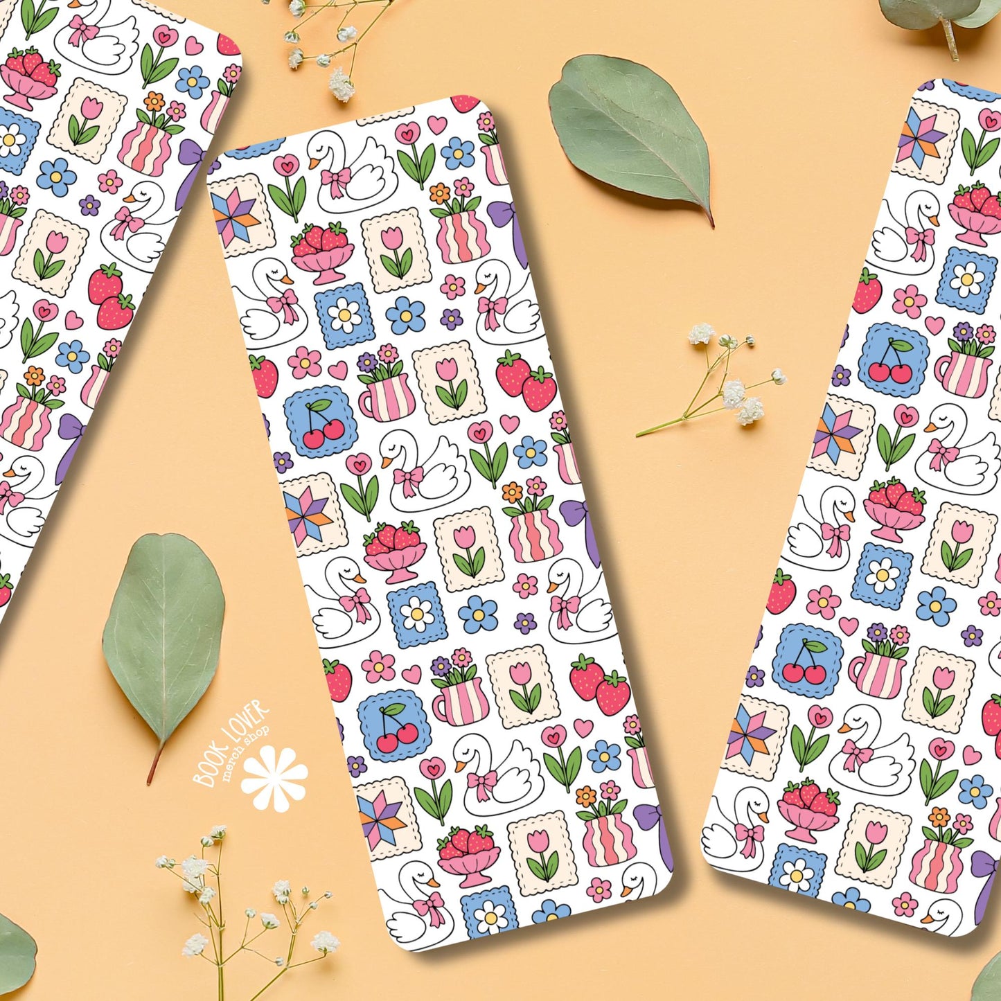 Summer Stitch Bookish Bookmark / Girly Strawberry Bookish Bookmark / Book Lover Gift / Coquette Swan Bookish Merch / Smut Reader / Reading