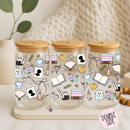 Bridgerton 16 OZ Glass Can With Lid and Straw / Bookish Mug / Book Lover Gift / Bookish Merch Stickers / UV Dtf Libbey Wrap Transfert