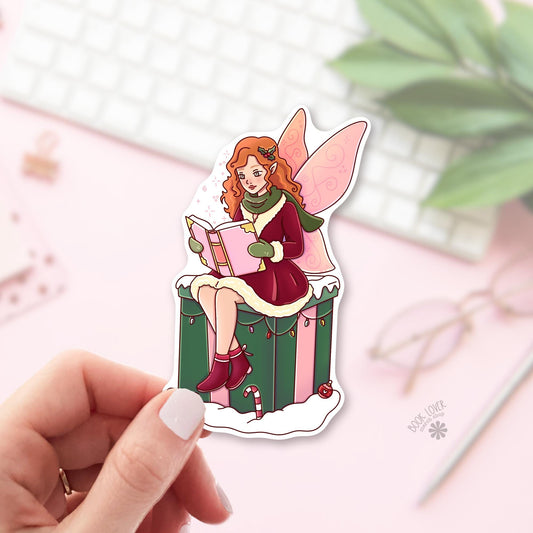 Christmas Fairy bookish sticker, vinyl die cut, fantasy reader gift