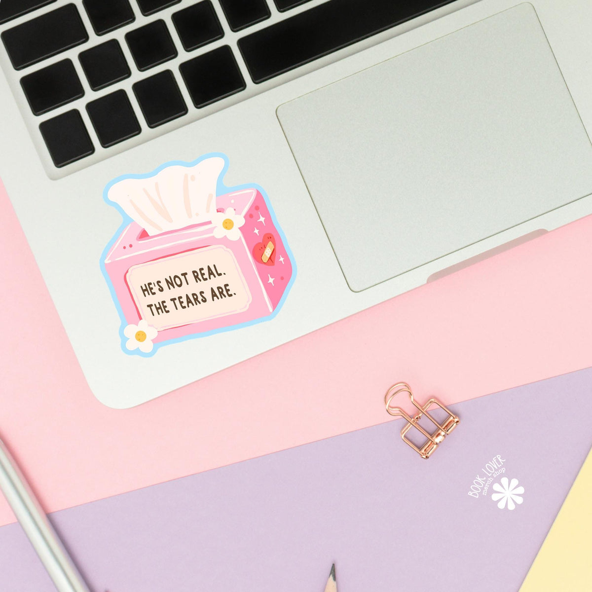 Ugly Cry Tissue Box sticker close up, matte finish, book lover vinyl decal