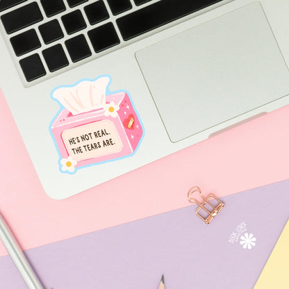 Ugly Cry Tissue Box sticker close up, matte finish, book lover vinyl decal